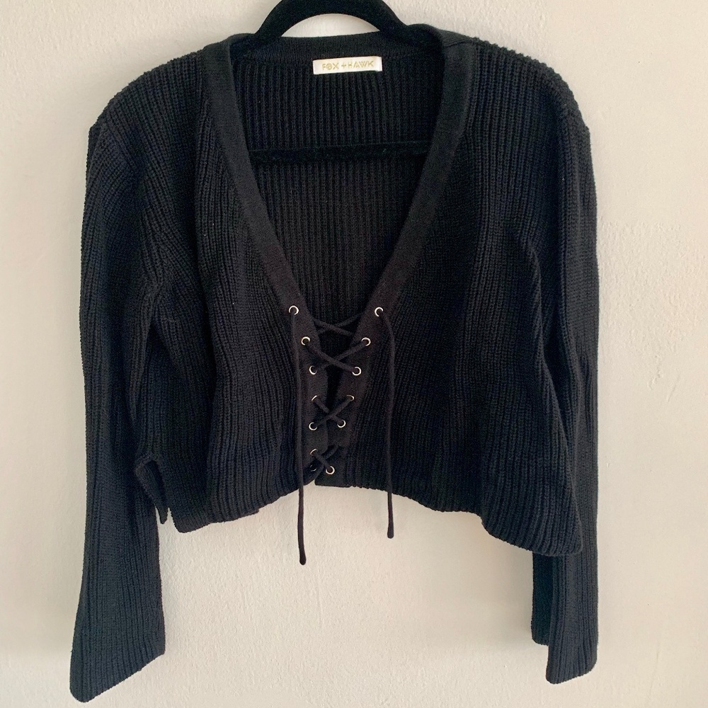 Women's Black Cropped Sweater with Lace Up Detail